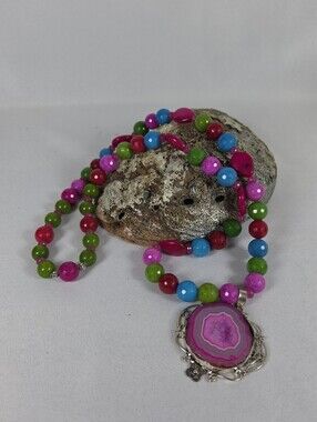 Handmade Sterling Silver 925 Agate Geode Pendant Multi-Color Jade Necklace Set